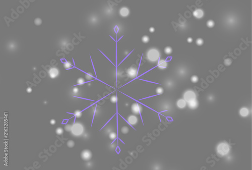 Winter blizzard background with single snowflake outline and soft white bokeh lights isolated on grey background 
