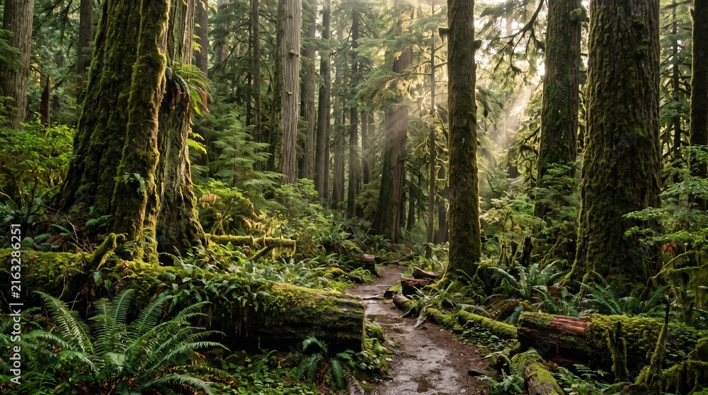 Fototapeta premium Sunlight filtering through trees on a lush temperate rainforest trail