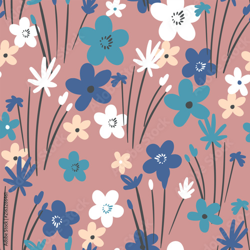 Seamless floral pattern based on traditional folk art ornaments. Colorful flowers on color background. Scandinavian style. Sweden nordic style. Vector illustration. Simple minimalistic pattern.