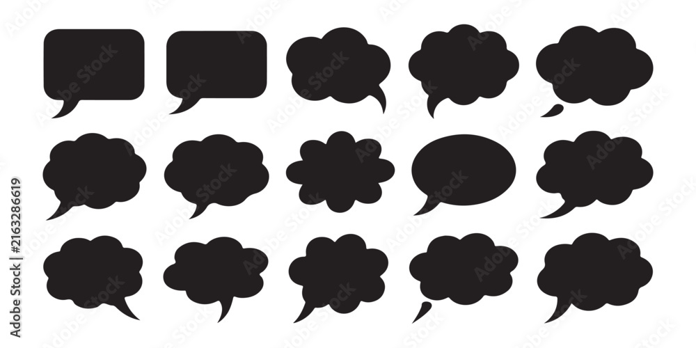 Obraz premium Collection of solid black cloud speech bubbles and thought boxes for comic book design and web communication.