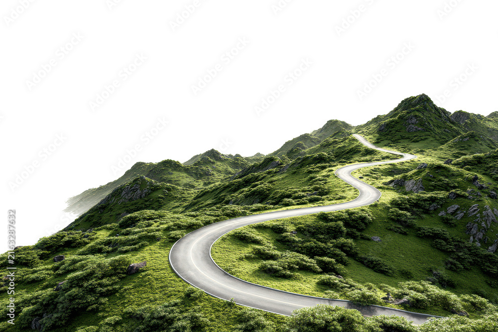 Fototapeta premium Serene mountain road journey through lush green peaks isolated on transparent background. winding coastal mountain road with lush greenery isolated on white background.