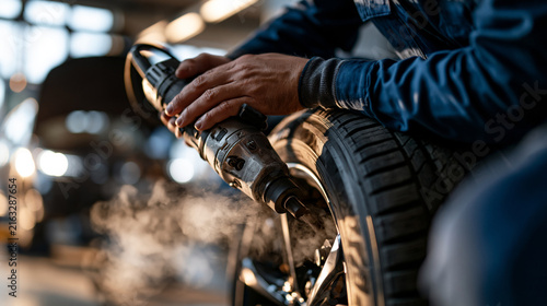 Side view of cropped mechanic in a blue uniform using a cordless impact wrench to loosen wheel nuts a small cloud of dust puffing from the tire well inside a bright garage