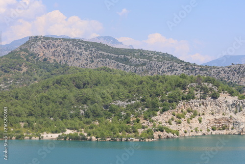 Scenic River Lake Landscape with Green Hills for Hiking Camping Tourism and Boating