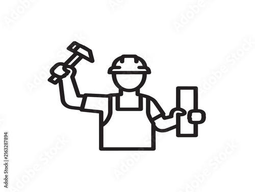 Carpenter with hammer and wood plank icon. Construction worker silhouette line art vector.