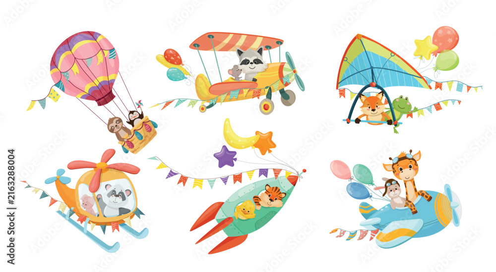 Fototapeta premium Vector set of cute animal characters flying on hot air balloon, airplanes, helicopter, hang glider, and rocket for children design and nursery art.