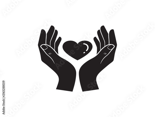 Hands holding a heart icon. Charitable support symbol for non-profit and care concepts.