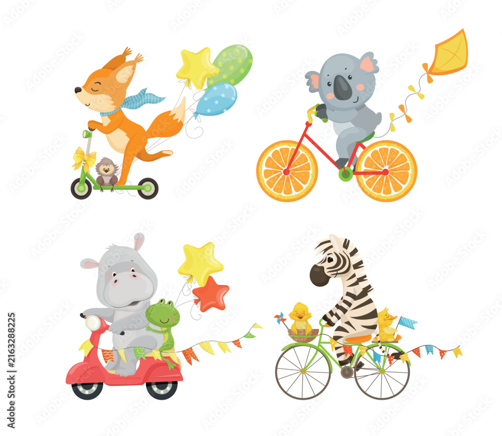 Naklejka premium Vector collection of funny animal characters riding scooter, bicycle and motor scooter with balloons and party flags for children design and nursery art.