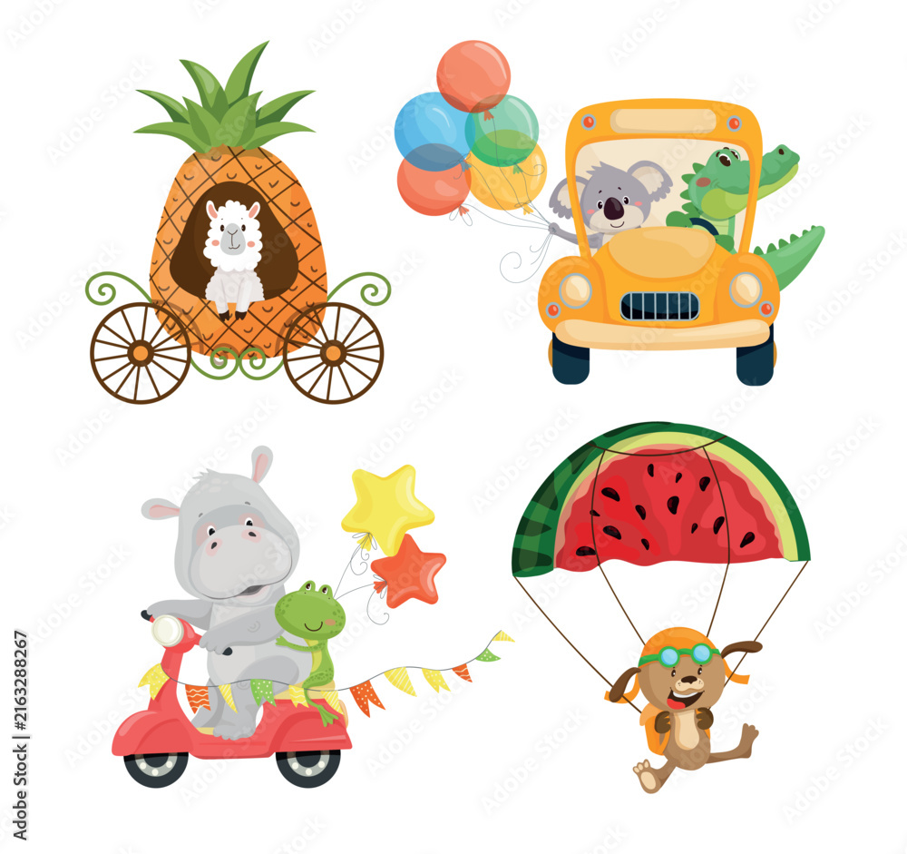Naklejka premium Vector collection of cute animal characters on imaginative vehicles including pineapple carriage, car, scooter and watermelon parachute for kids design.