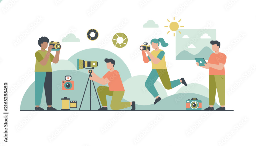 Fototapeta premium Diverse group of professional photographers using various cameras and tripods to capture images in a scenic outdoor landscape.