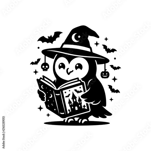 Happy owl wearing witch hat reading book silhouette graphics