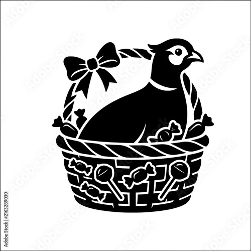 Partridge in halloween basket silhouette shows cute festive mood