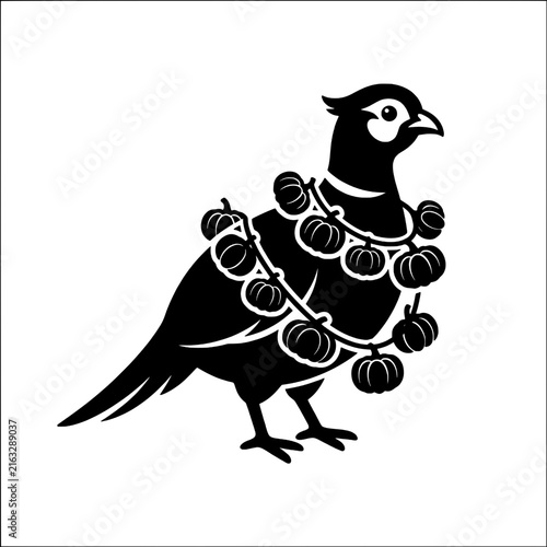 Cheerful pheasant wearing pumpkin garland silhouette in festive autumn style