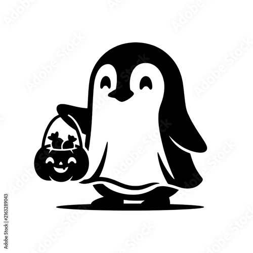 Happy cute penguin holding halloween pumpkin bucket silhouette design