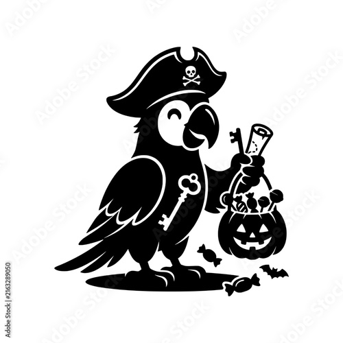 Happy pirate parrot holding trick or treat pumpkin basket silhouette