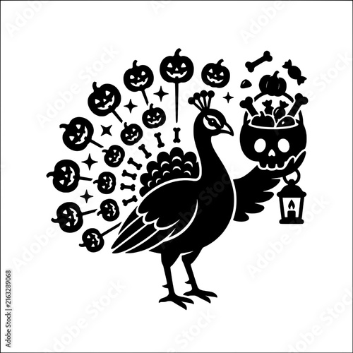 Mysterious halloween peacock silhouette with pumpkin and lantern decoration for autumn