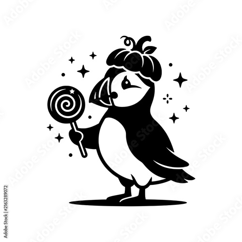 Cute cheerful puffin holding lollipop silhouette graphics illustration