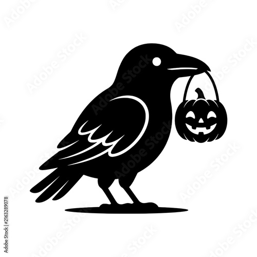 Raven carrying pumpkin silhouette shows spooky halloween mood