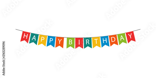 Canvas Print Colorful happy birthday bunting flags hanging on a white background
