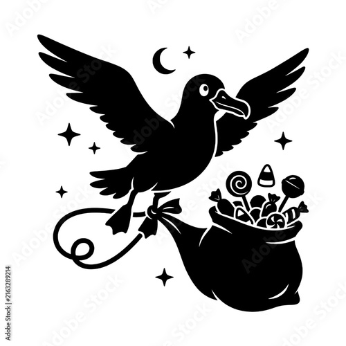 Happy albatross carrying treat bag silhouette under magical moon