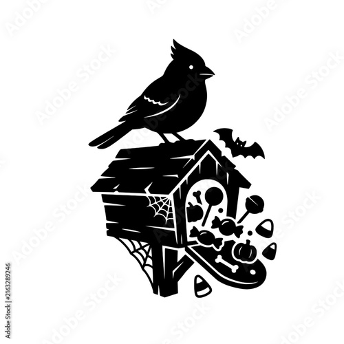 Spooky cardinal halloween birdhouse silhouette cut file design with eerie bat detail