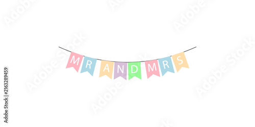 Colorful mr and mrs wedding bunting banner on white background