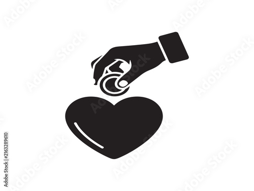 Charity donation icon with hand and heart. Giving money symbol for non profit support.