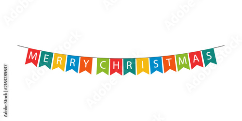 Colorful merry christmas bunting flags hanging on a white background