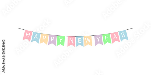 Colorful happy new year bunting flags isolated on white background