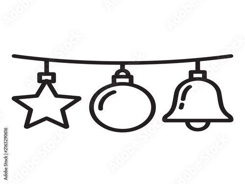 Hanging Christmas ornaments icon. Festive holiday baubles and bell line art illustration.