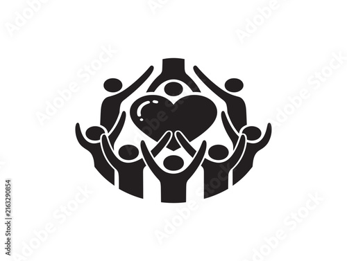 Charity event icon with people and heart. Community support and social care vector symbol.