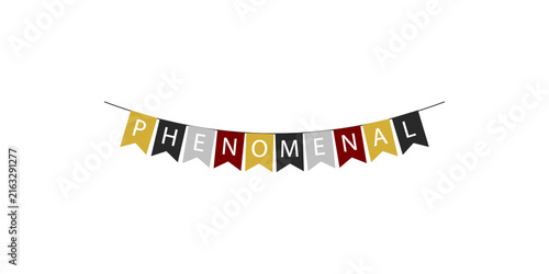 Colorful hanging bunting flags spelling the word phenomenal on white
