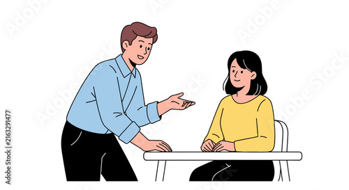 Vector illustration of a smiling man talking or explaining something to a woman sitting at a table. Professional communication concept, business meeting, or casual discussion.