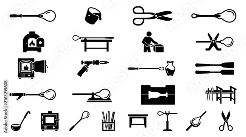 Comprehensive collection of black and white glassblowing tools and equipment icons showcasing various artisanal craft processes, shaping methods, and studio utensils
