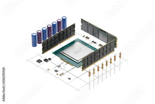 Isometric view of electronic components including a central processor RAM modules and various capacitors
