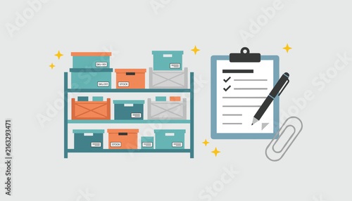 Warehouse inventory management scene with boxes on a shelf and a completed checklist on a clipboard with a pen.