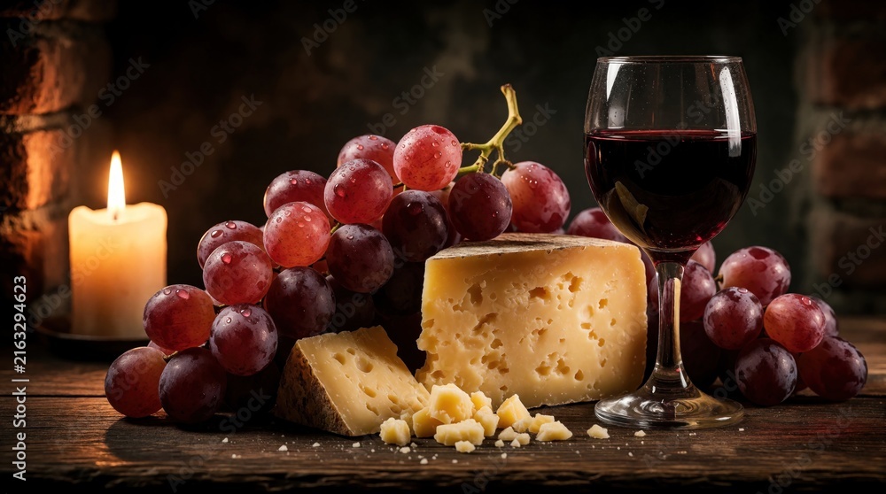 Naklejka premium Gourmet cheese platter with red grapes, wine glass, and lit candle on wooden table. Artisanal food and drink for cozy evening celebration with rustic ambiance.