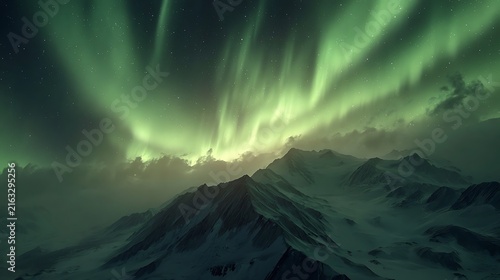 Northern lights dancing over snowy mountains 