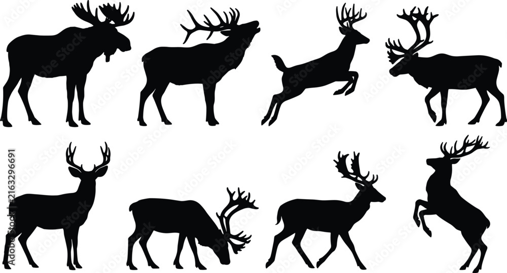 Naklejka premium Black silhouette vector set of forest wildlife including deer, moose, elk, and reindeer in various poses