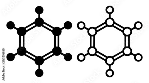 Black and white molecular structure diagrams of hexagonal rings representing chemical compounds on transparent background