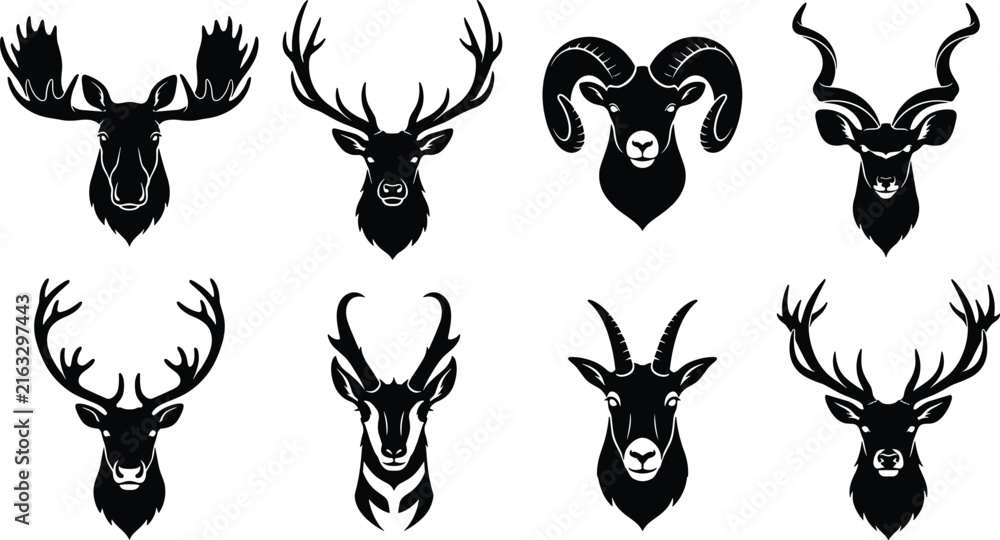 Obraz premium Set of horned wild animal head silhouettes including deer, moose, ram, and antelope vector icons isolated on white