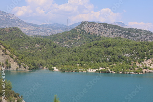 Scenic River Lake Landscape with Green Hills for Hiking Camping Tourism and Boating