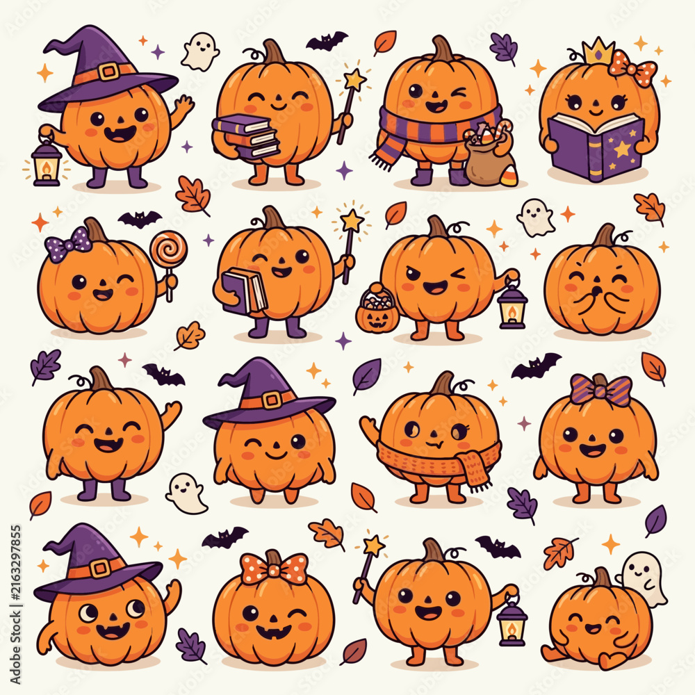 Fototapeta premium Cute Cartoon Pumpkin Witch Characters. Adorable Halloween Vector Illustrations Set. Kawaii Orange Gourd Designs with Magic Accessories, Bats, Ghosts