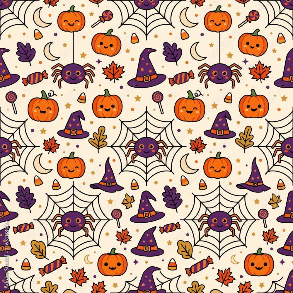 Obraz premium Seamless Halloween Pattern, Cute Pumpkin, Witch Hat, Spider Web, Sugar Sweet Corn, Autumn Leaves, Moon, Lollipop, Candy, Orange Purple Vector, Kawaii Texture Design isolated on White Background