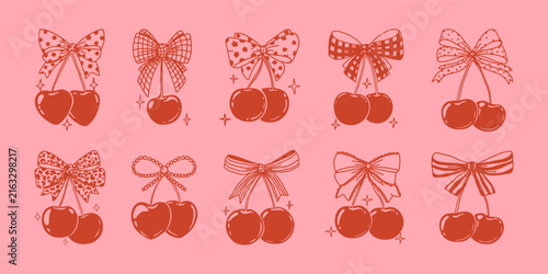 Coquette cherries with bow. Vintage cherry with ribbon. Hand drawn various girly berries with bows in different texture. Valentines bowknot with dot, stripe print fabric. Vector set