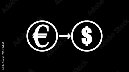 Euro to dollar currency exchange animation on black background.