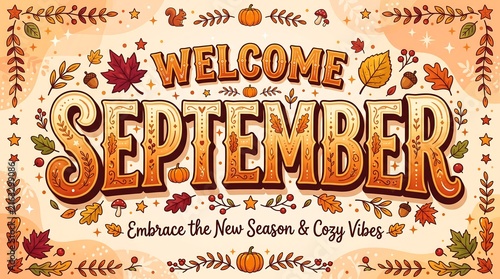Welcome september autumn seasonal greeting card with fall leaves and pumpkins, autumn, autumn 2026, autumn leaves, maple leaves, autumn background