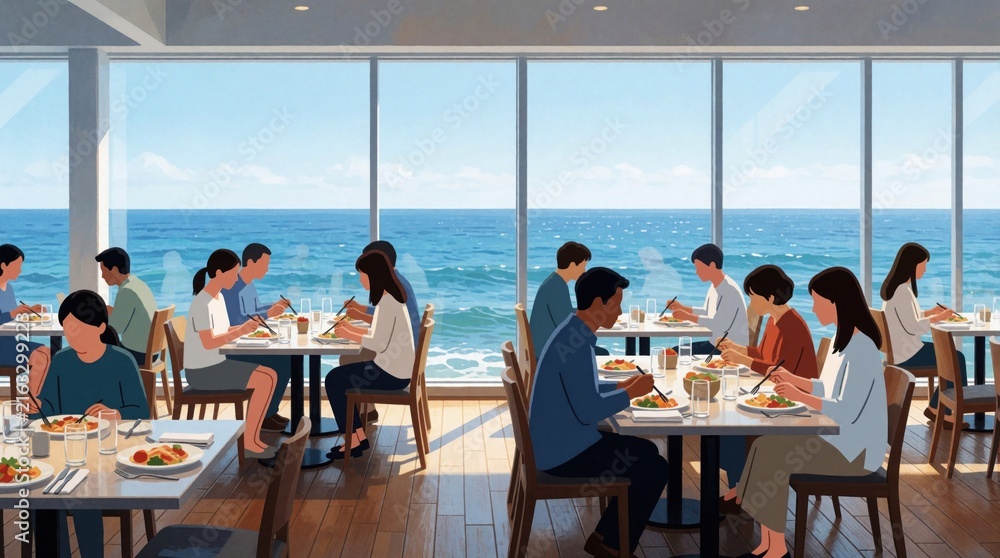 Obraz premium Diners eat at tables in a restaurant with large windows overlooking a blue ocean. People enjoy meals and drinks by the sea under a bright sky with gentle waves.