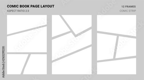 Empty photo frames arranged in creative collage layout. Anime comic book templates. Manga page panels