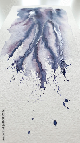 Vertical watercolor ink flow in violet and midnight blue cascading with fluid droplets