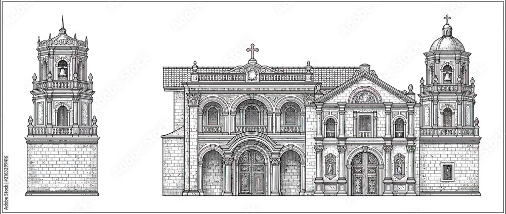 Obraz premium Line Art Architectural Drawing of Historic Religious Building and Bell Tower